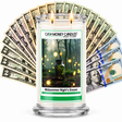 Midsummer Night's Dream Cash Candle with two lit wicks and a fan of cash