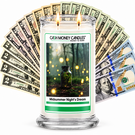 Midsummer Night's Dream Cash Candle with two lit wicks and a fan of cash