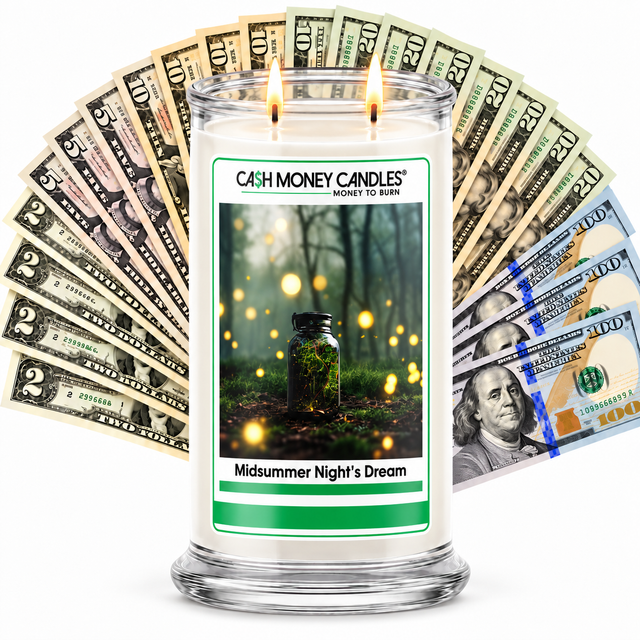 Midsummer Night's Dream Cash Candle with two lit wicks and a fan of cash