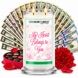 My Heart Belongs To You Cash Money Candle with two lit wicks and a fan of cash