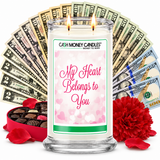 My Heart Belongs To You Cash Money Candle with two lit wicks and a fan of cash