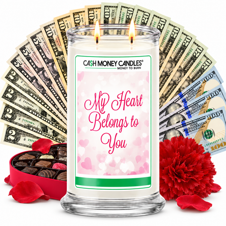 My Heart Belongs To You Cash Money Candle with two lit wicks and a fan of cash
