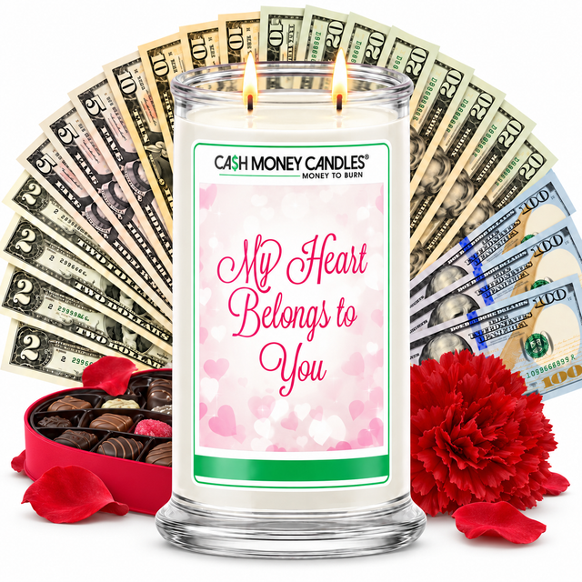 My Heart Belongs To You Cash Money Candle with two lit wicks and a fan of cash