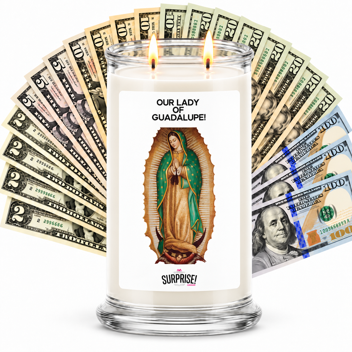 OUR LADY OF GUADALUPE Cash Money Candles  (Virgen Of Guadalupe) with two lit wicks and a fan of cash