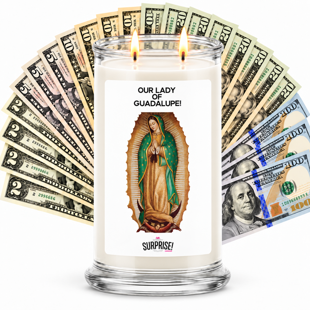 OUR LADY OF GUADALUPE Cash Money Candles  (Virgen Of Guadalupe) with two lit wicks and a fan of cash