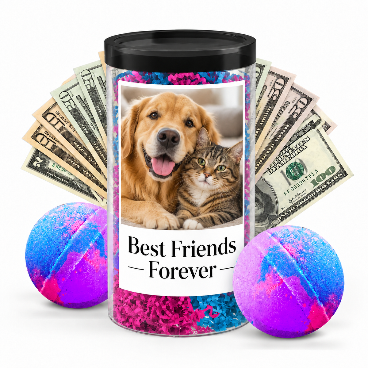 Photo cash bath bomb tube dog and cat personalization example