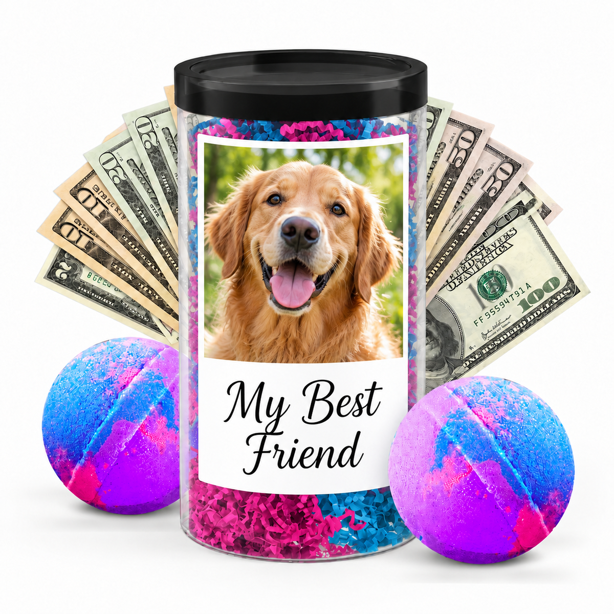 Photo cash bath bomb tube dog personalization example