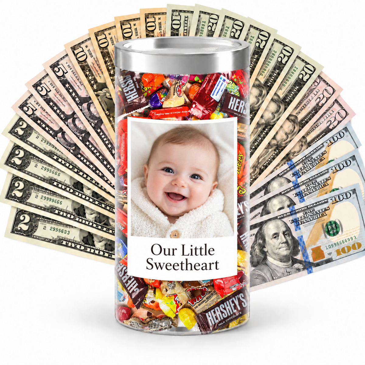 Personalized photo cash candy example with baby photo and message