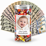 Personalized photo cash candy example with baby photo and message