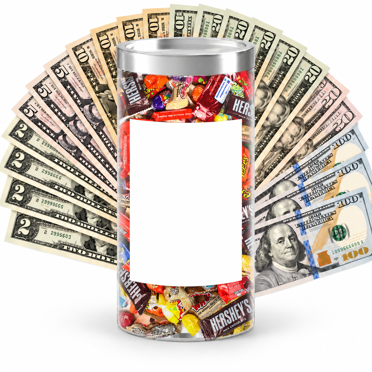 Photo cash candy tube ready for your photo and personal message, with a cash fan