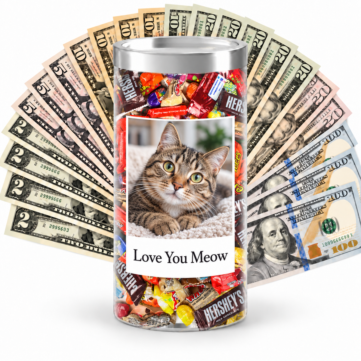 Personalized photo cash candy example with cat photo and message