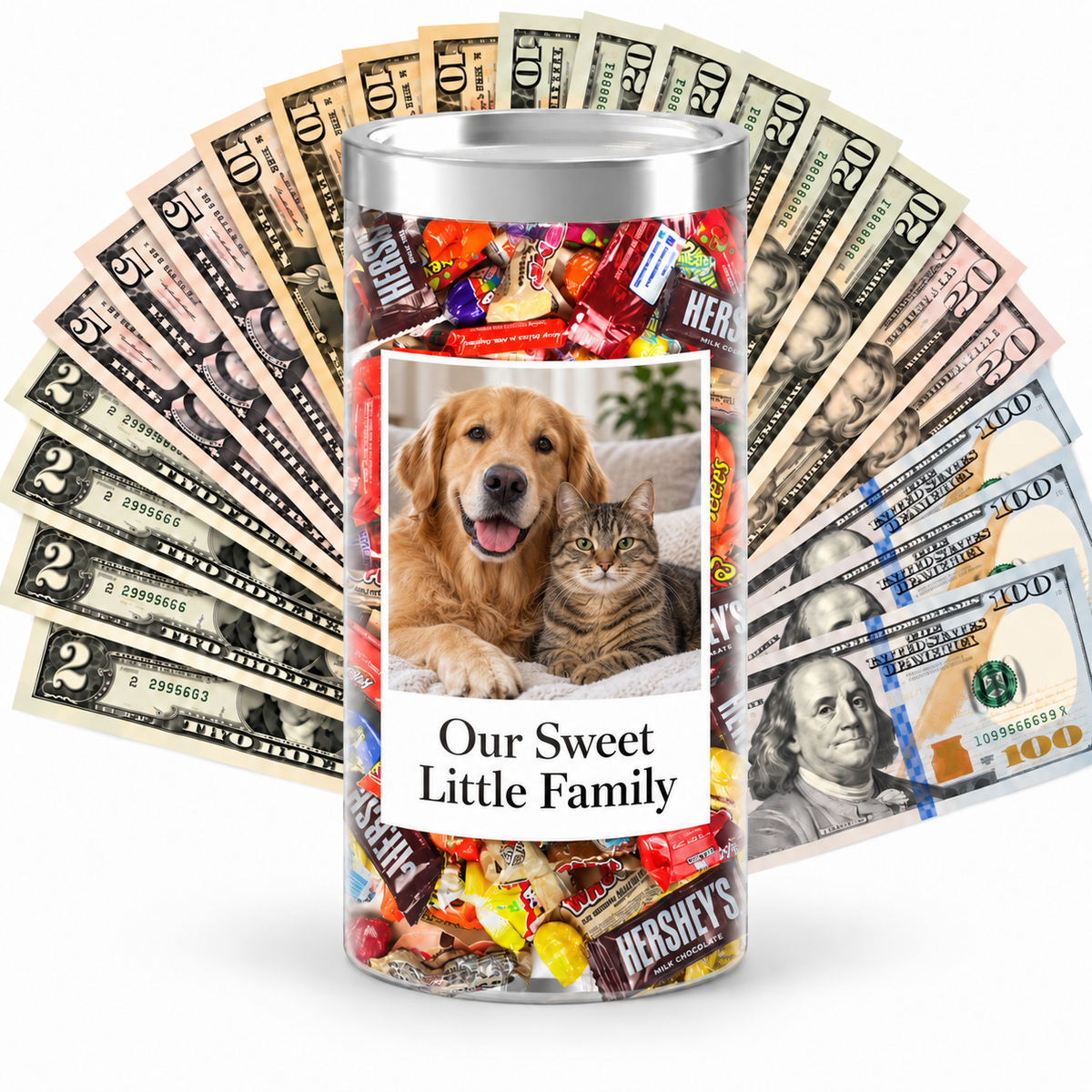 Personalized photo cash candy example with dog and cat photo and message