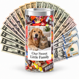 Personalized photo cash candy example with dog and cat photo and message