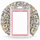 Photo cash wax melt with blank photo label and a circular fan of mixed US dollar bills