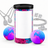 Personalized photo jewelry bath with silver jewelry and blank label