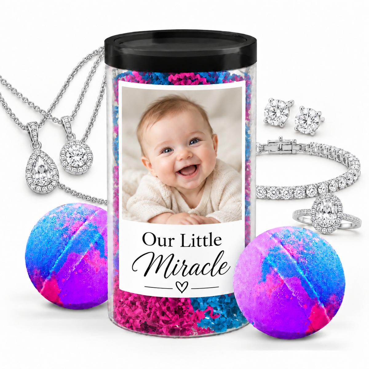 Photo jewelry bath bomb tube baby personalization example with silver jewelry