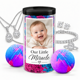 Photo jewelry bath bomb tube baby personalization example with silver jewelry