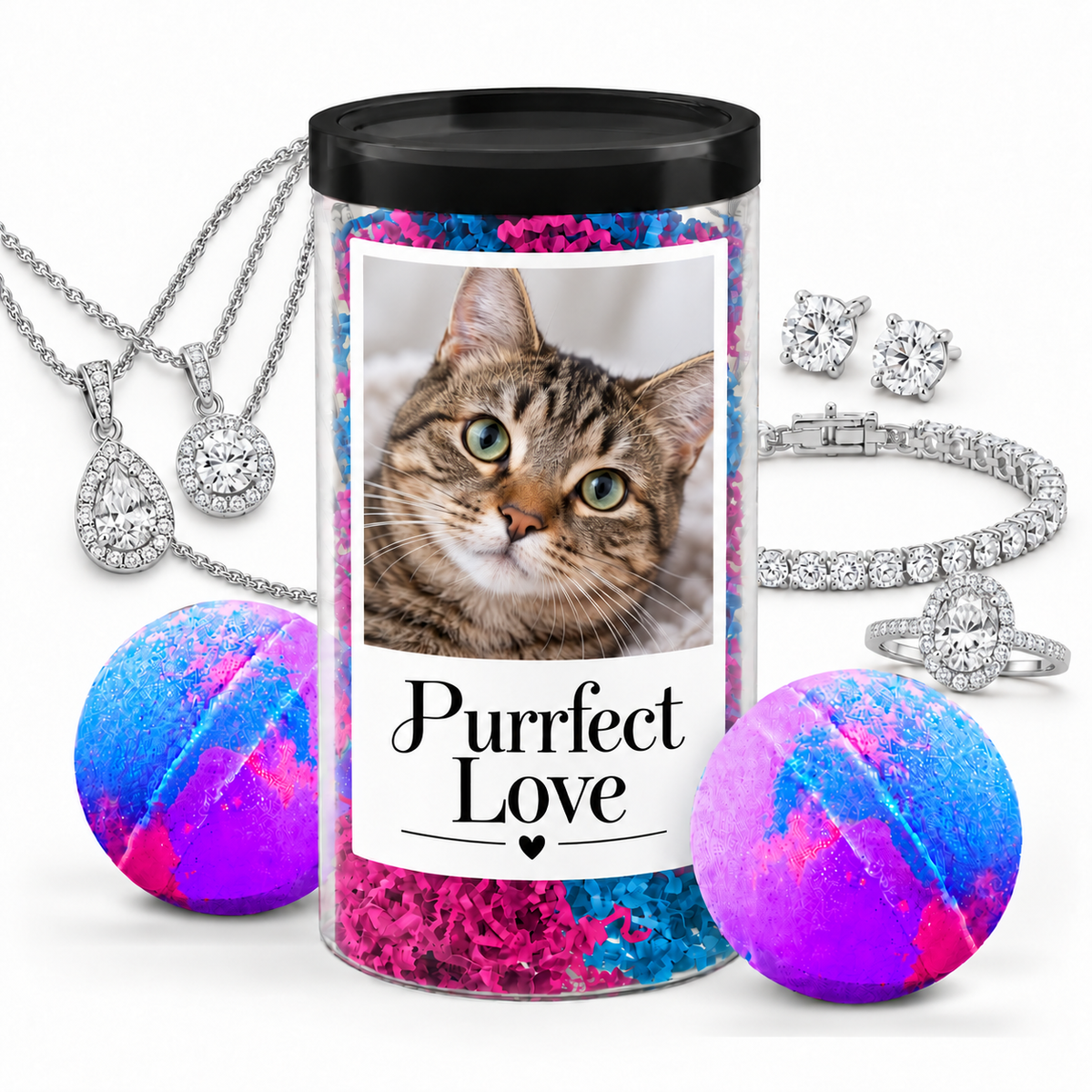 Photo jewelry bath bomb tube cat personalization example with silver jewelry