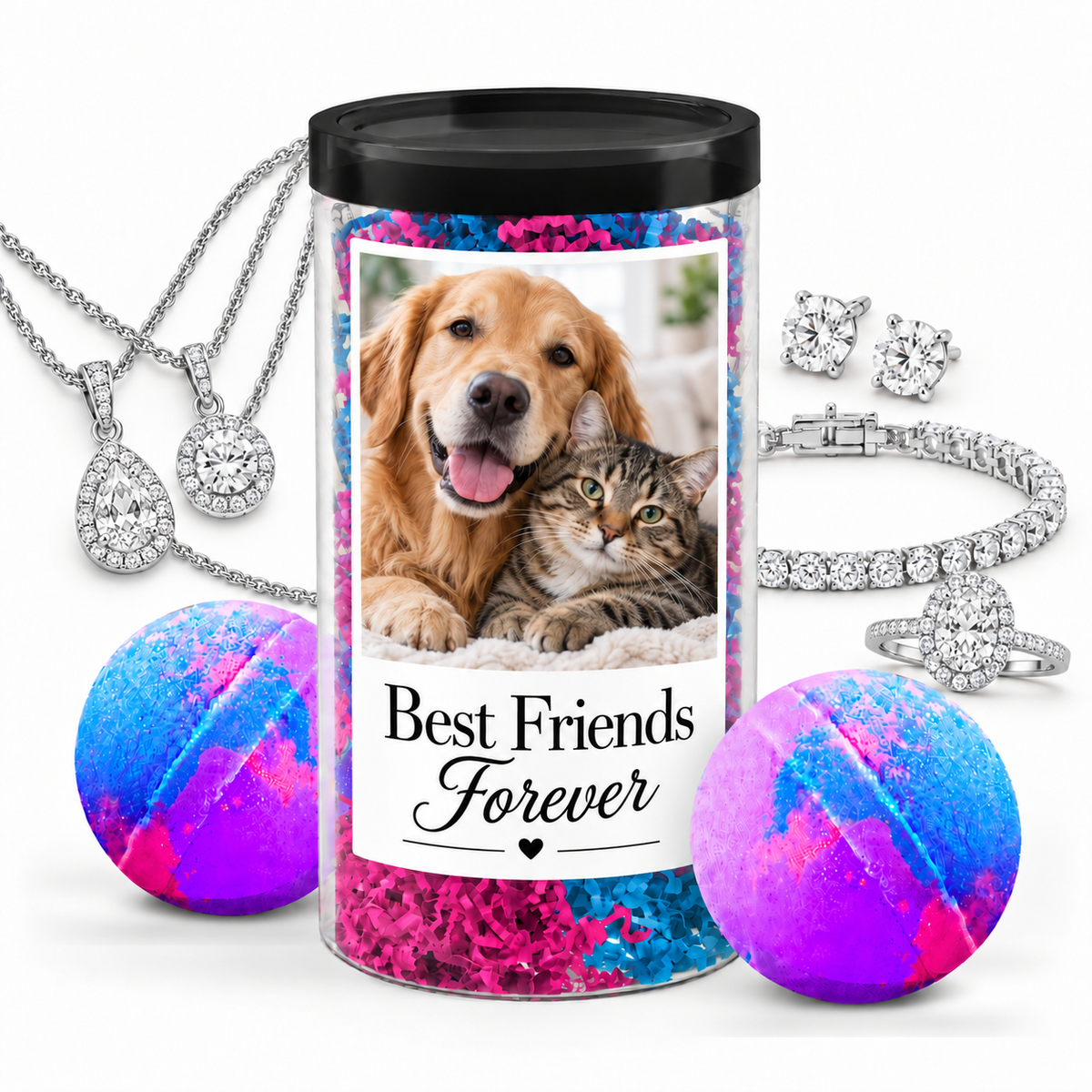 Photo jewelry bath bomb tube dog and cat personalization example with silver jewelry