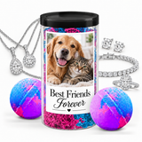 Photo jewelry bath bomb tube dog and cat personalization example with silver jewelry