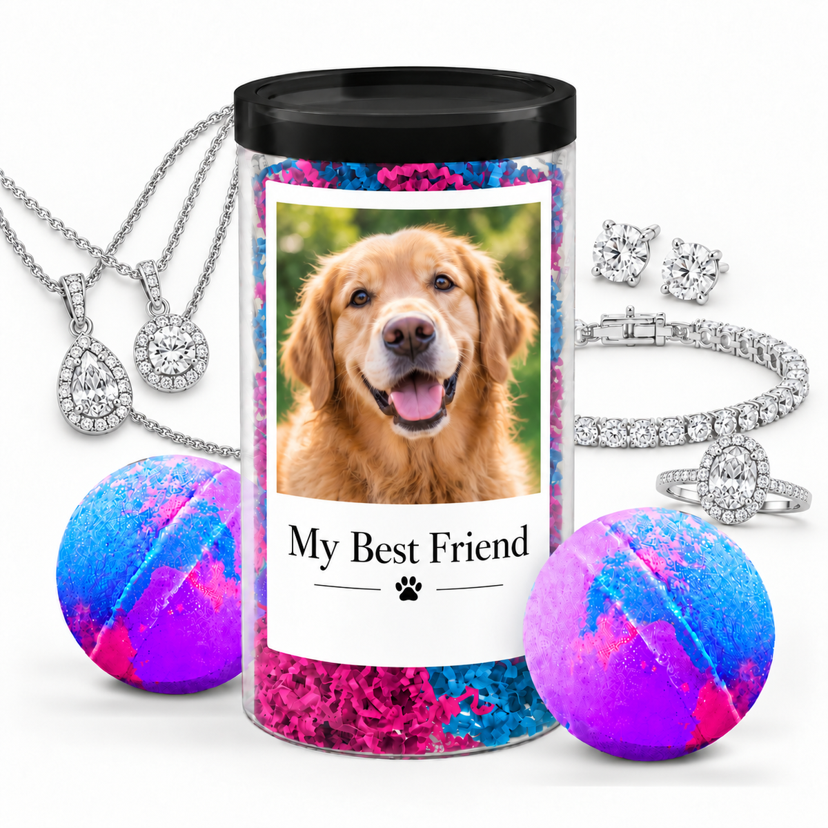 Photo jewelry bath bomb tube dog personalization example with silver jewelry