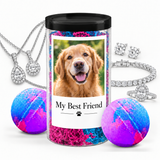 Photo jewelry bath bomb tube dog personalization example with silver jewelry