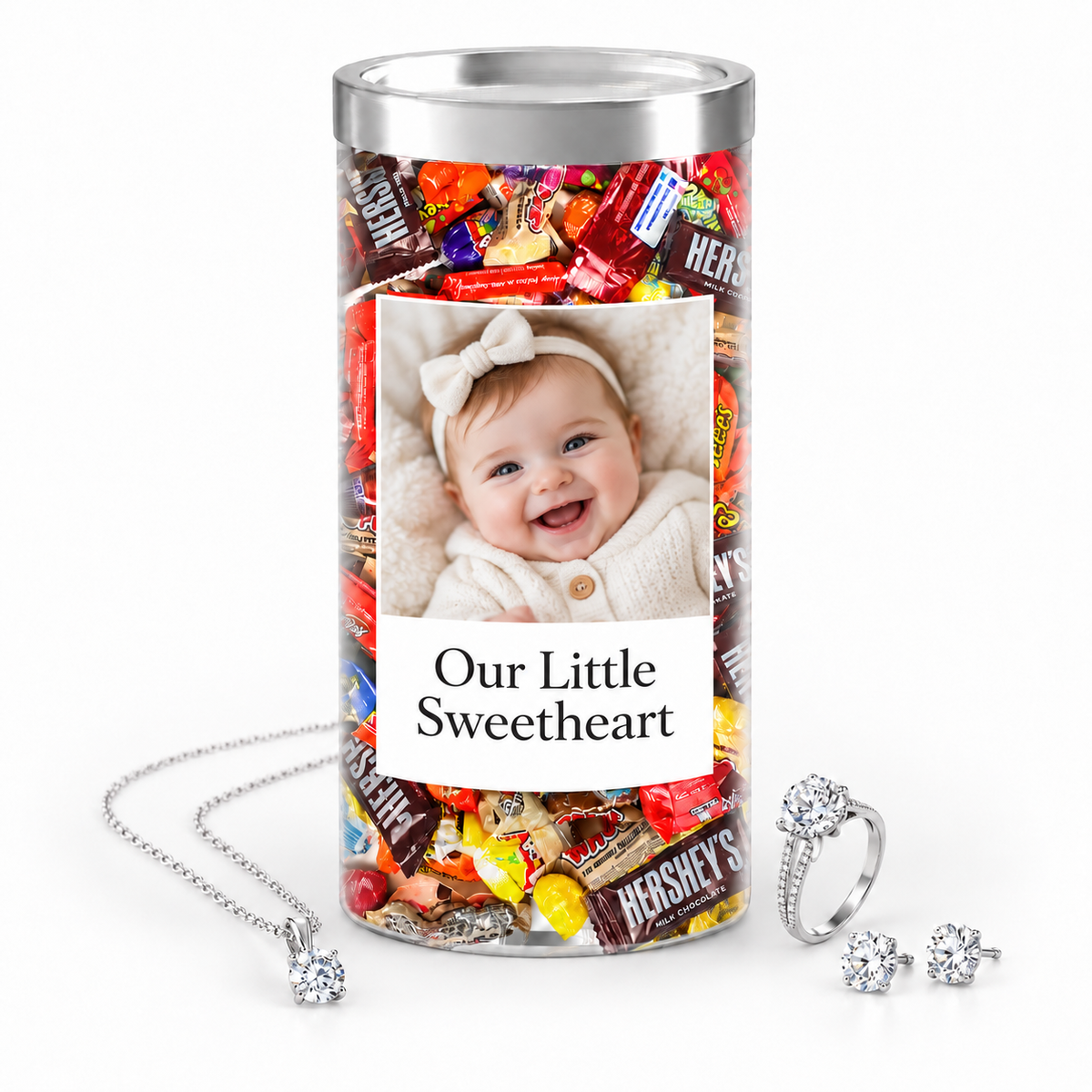 Personalized photo jewelry candy example with baby photo and message