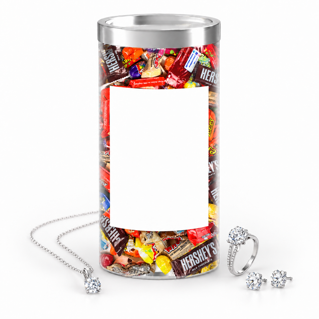 Photo jewelry candy tube ready for your photo and personal message, with example jewelry