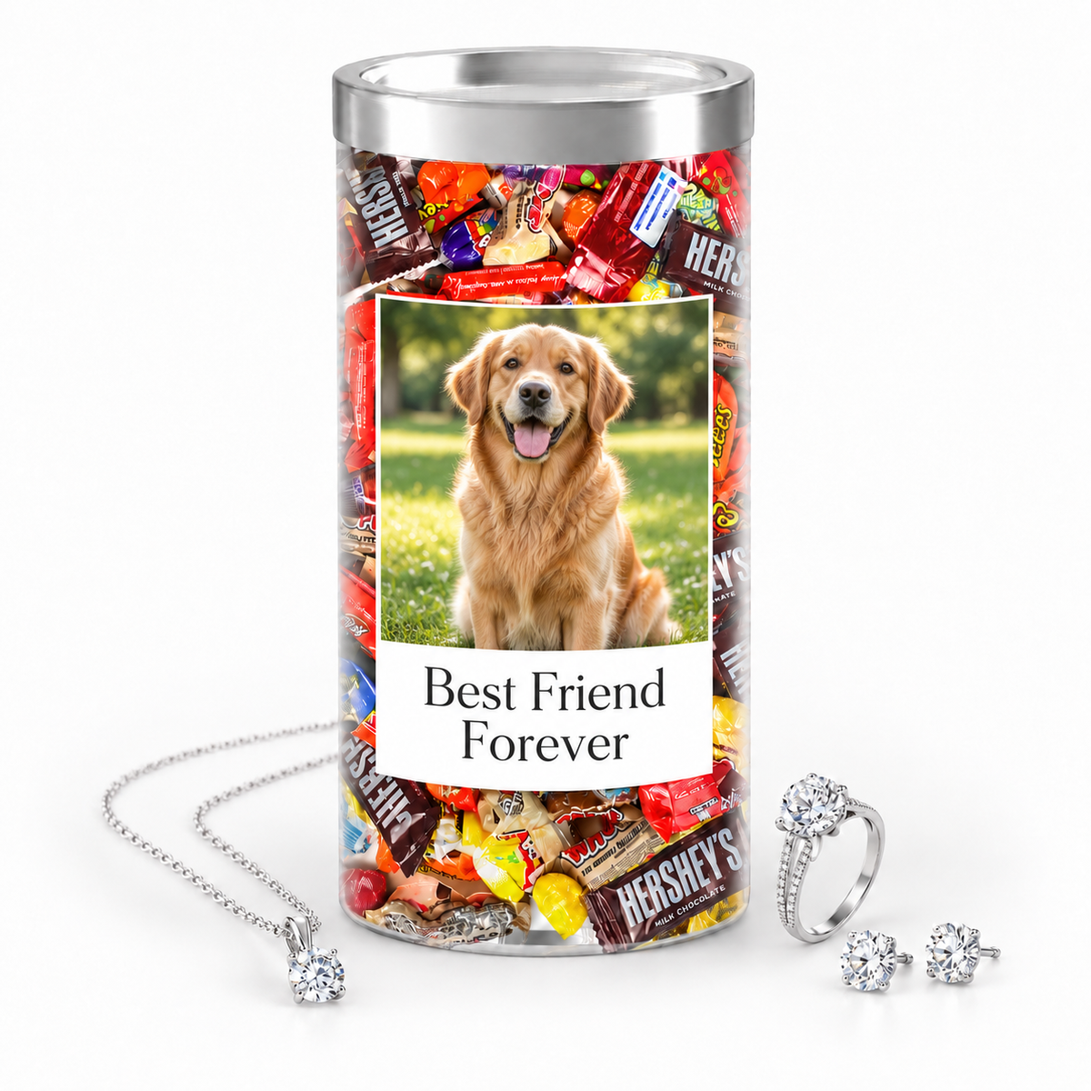 Personalized photo jewelry candy example with dog photo and message