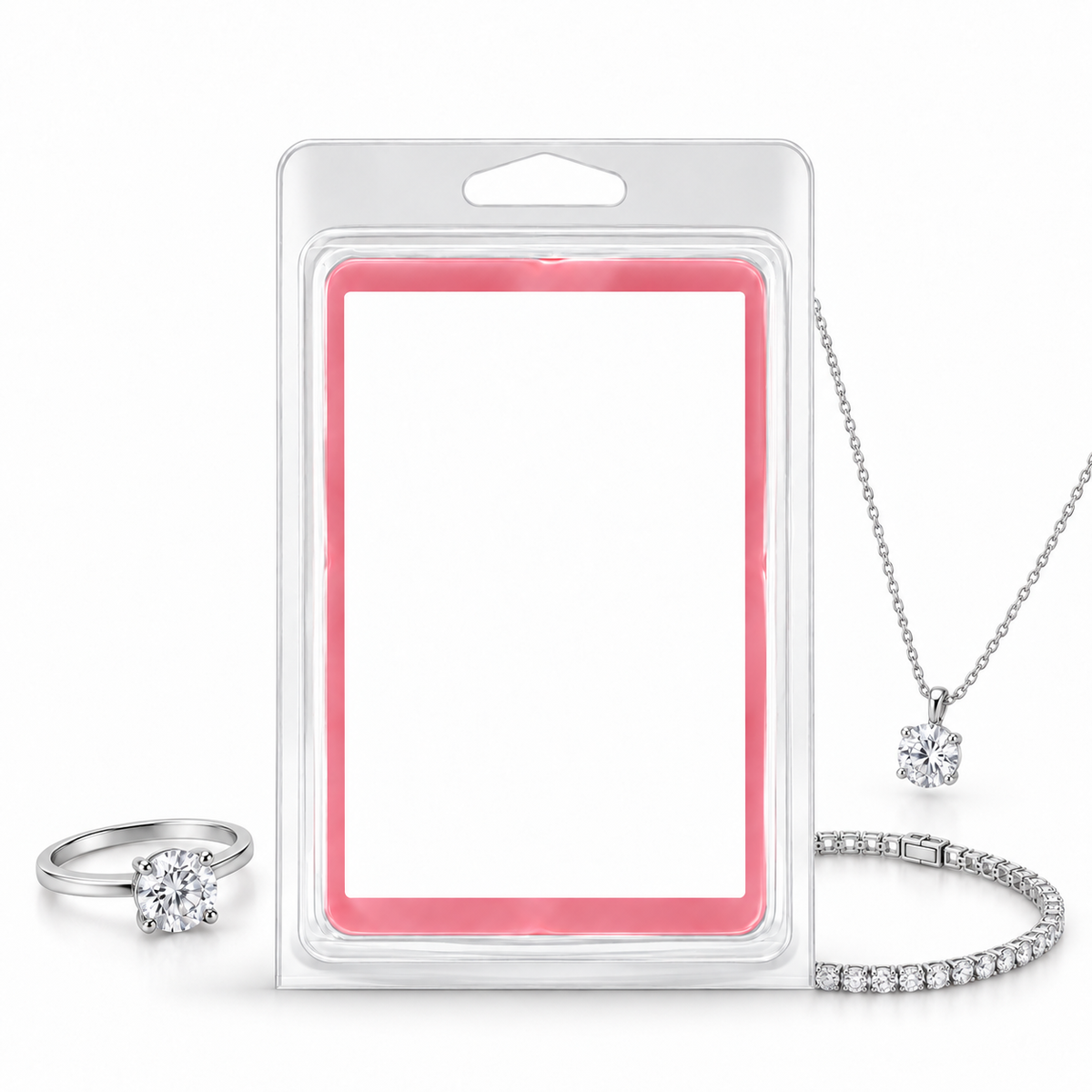 Photo Jewelry Wax Melt blank personalization label with silver ring, necklace and bracelet