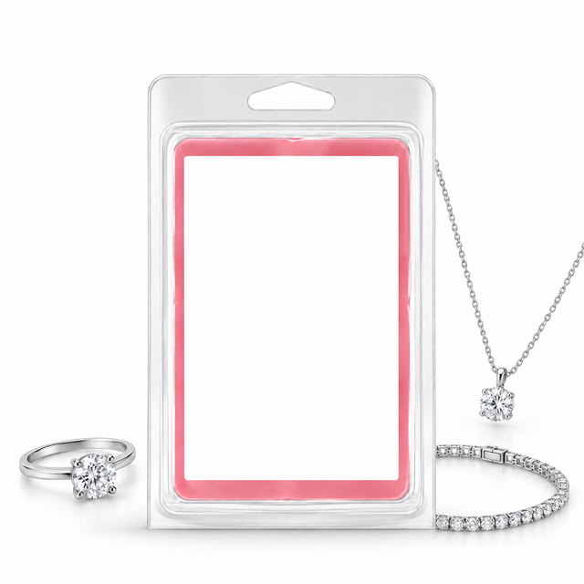 Photo Jewelry Wax Melt blank personalization label with silver ring, necklace and bracelet