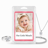 Photo Jewelry Wax Melt baby photo and message example with silver ring, necklace and bracelet