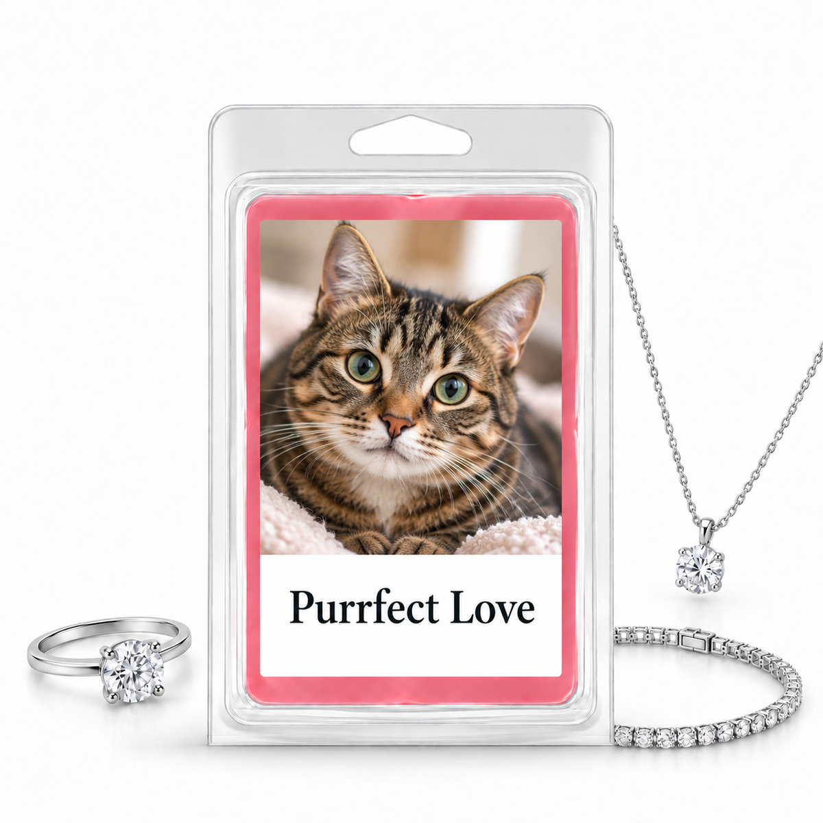 Photo Jewelry Wax Melt cat photo and message example with silver ring, necklace and bracelet
