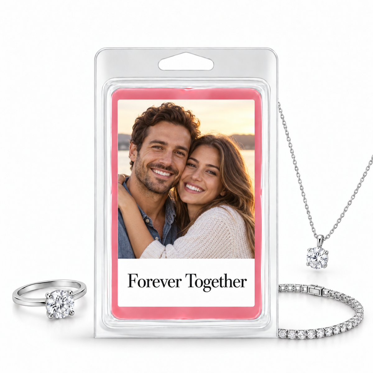 Photo Jewelry Wax Melt couple photo and message example with silver ring, necklace and bracelet