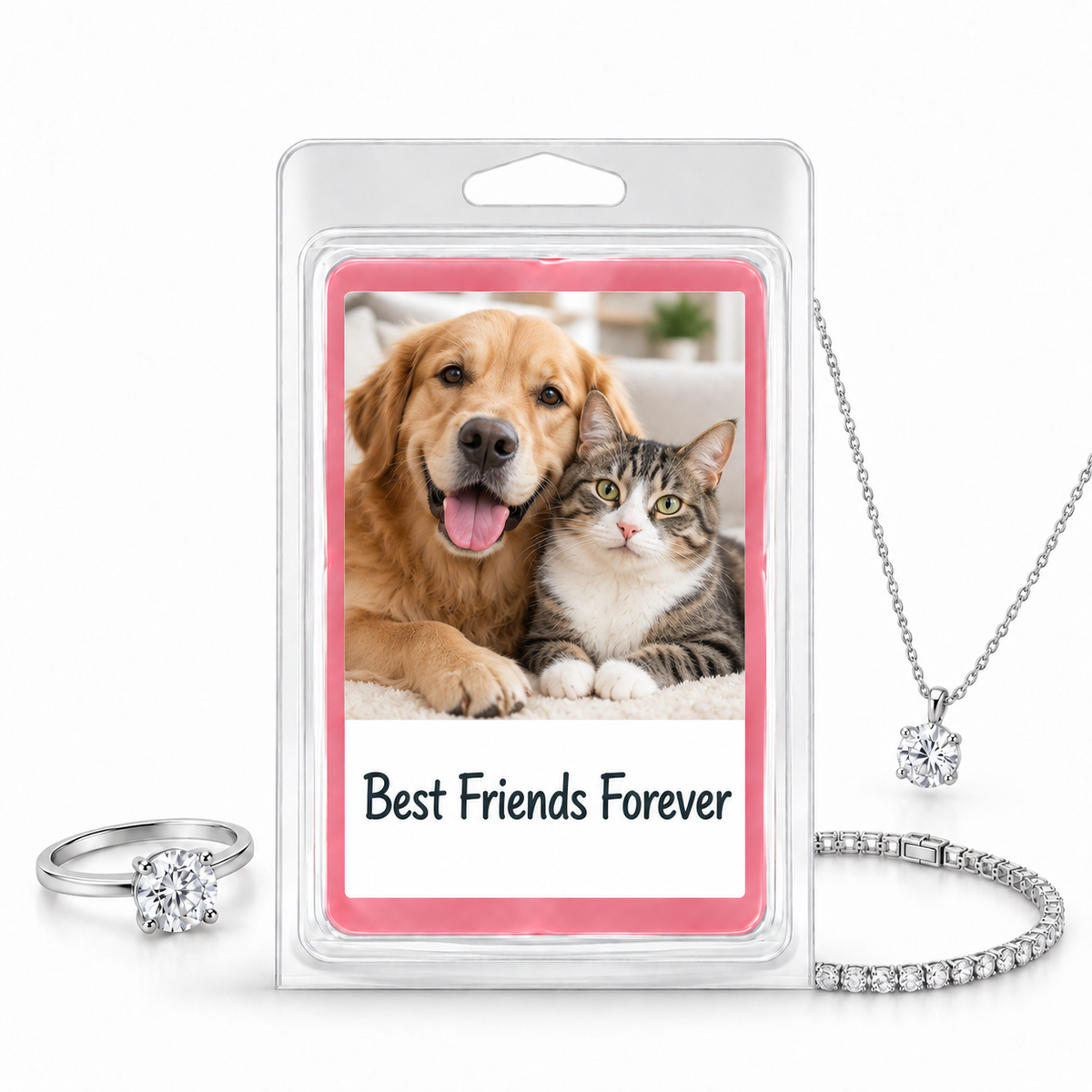 Photo Jewelry Wax Melt dog-cat photo and message example with silver ring, necklace and bracelet