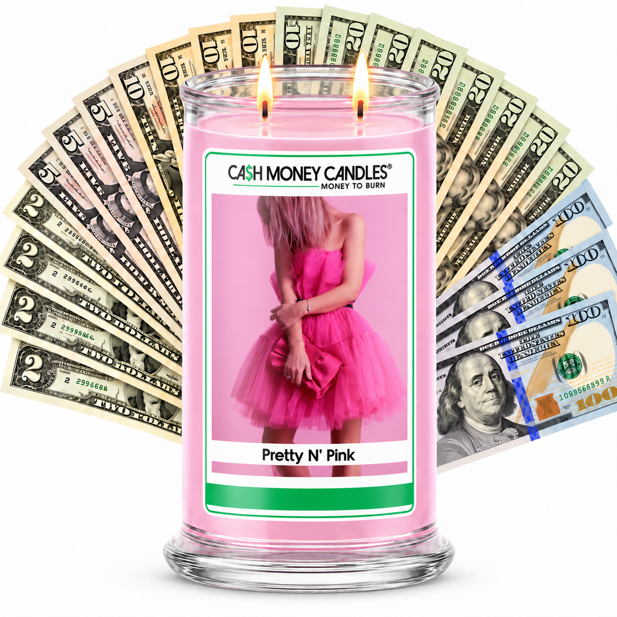 Pretty N' Pink Cash Candle with two lit wicks and a fan of cash
