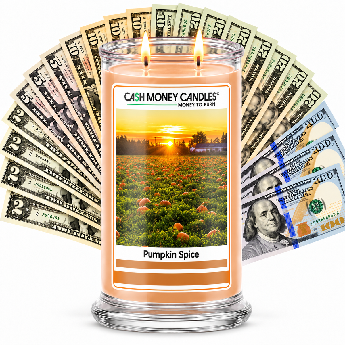 Pumpkin Spice Cash Money Candle with two lit wicks and a fan of cash