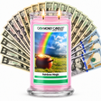 Rainbow Magic Cash Candle with two lit wicks and a fan of cash