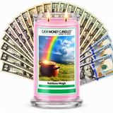 Rainbow Magic Cash Candle with two lit wicks and a fan of cash