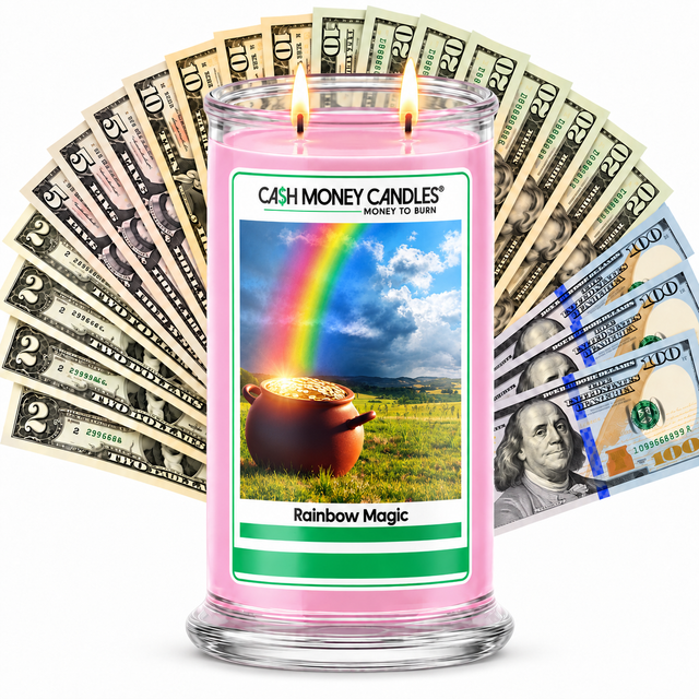 Rainbow Magic Cash Candle with two lit wicks and a fan of cash