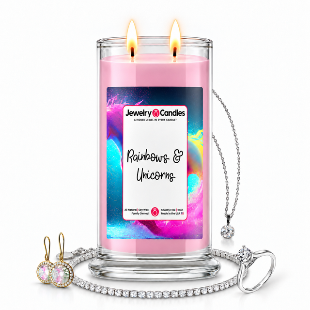 Rainbows & Unicorns Jewelry Candle with two lit flames and jewelry