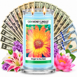 Singin' in the Rain Cash Money Candle with two lit wicks and a fan of cash