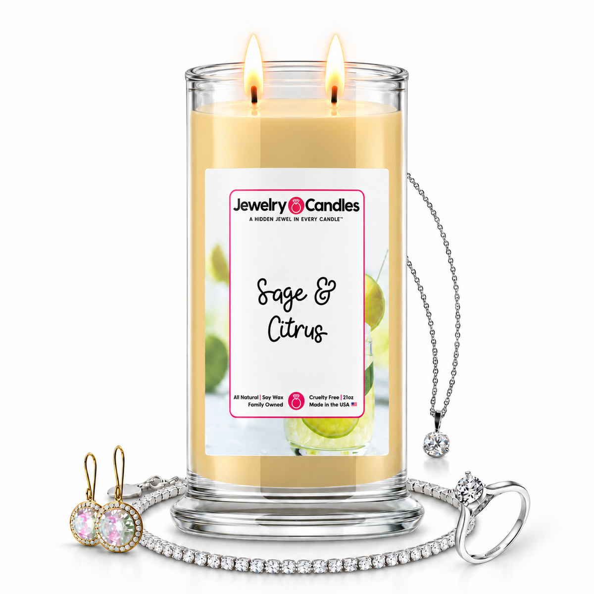 Sage & Citrus Jewelry Candle with two lit flames and jewelry