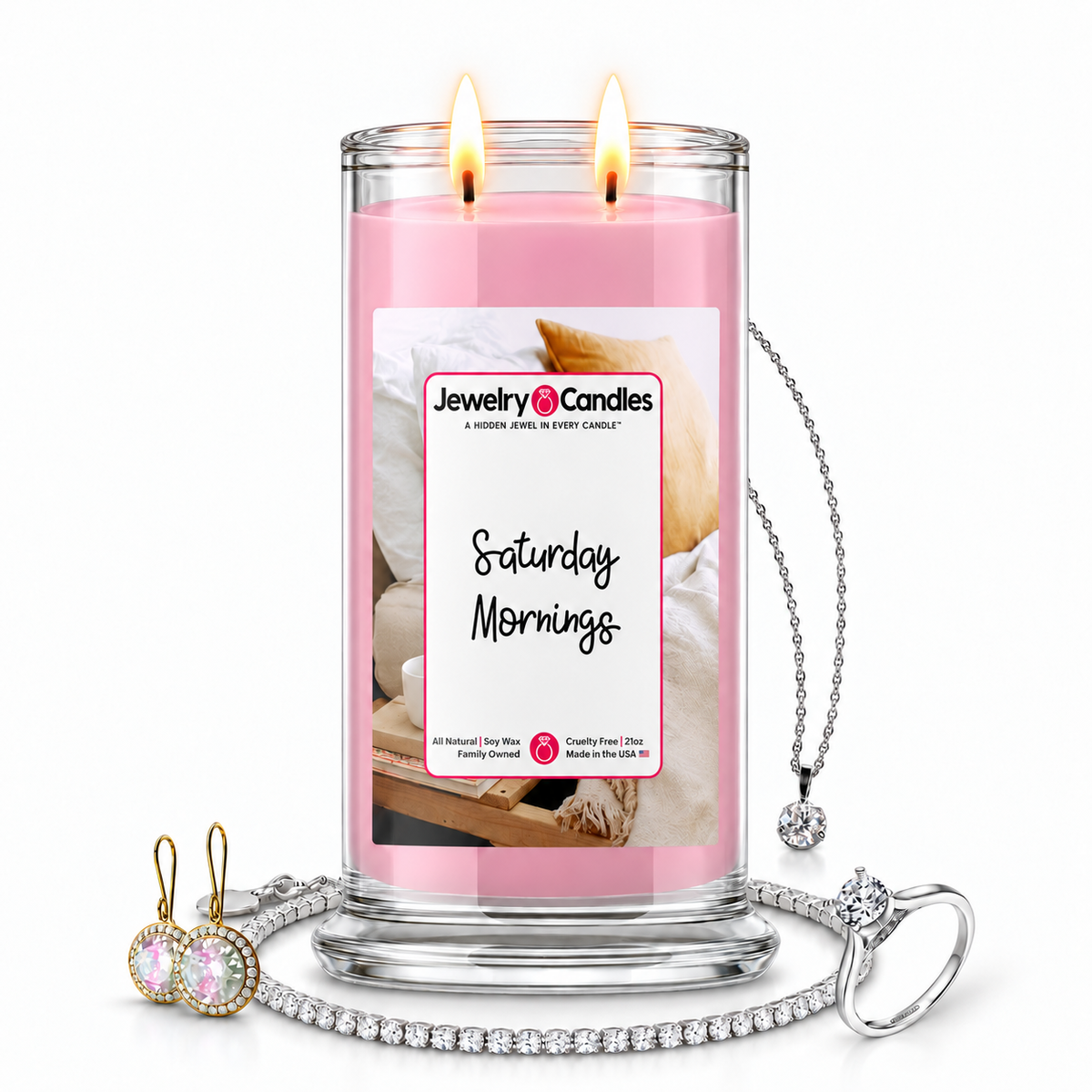 Saturday Mornings Jewelry Candle with two lit flames and jewelry