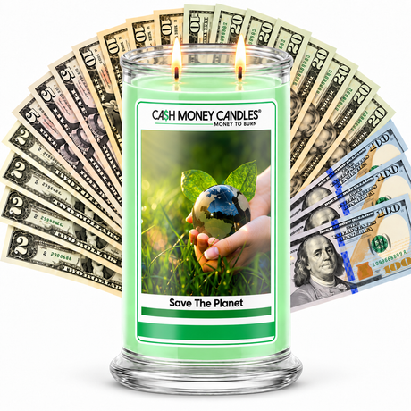 Save The Planet Cash Candle with two lit wicks and a fan of cash