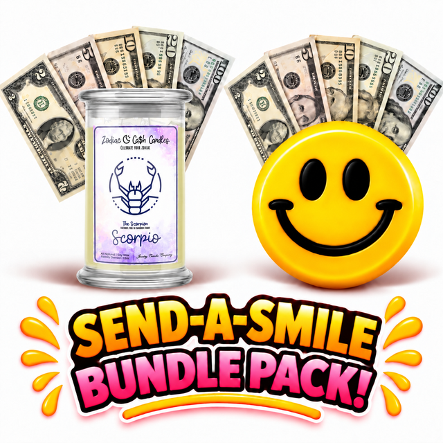 Scorpio Zodiac Cash Candle and giant smiley cash wax melt Send-A-Smile bundle