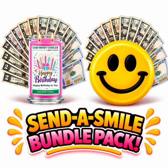 Send-A-Smile! birthday bundle with a Happy Birthday cash candle and giant smiley cash wax melt