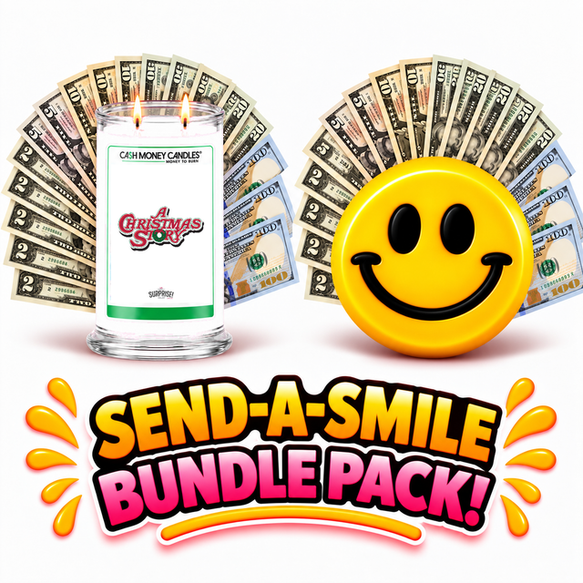 Send-A-Smile giant smiley cash wax melt paired with A Christmas Story Christmas Cash Candle