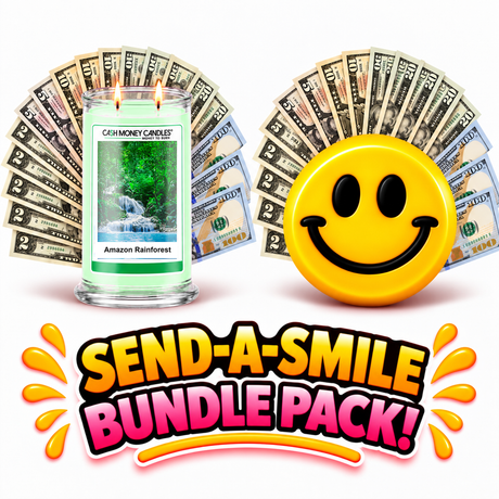 Send-A-Smile giant smiley cash wax melt paired with Amazon Rainforest Cash Money Candle
