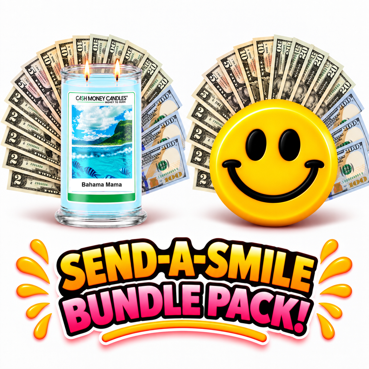 Send-A-Smile giant smiley cash wax melt paired with Bahama Mama Cash Money Candle
